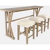 Crossing Counter Height Sofa Table Set with 3 Stools in Distressed Pine & Fabric
